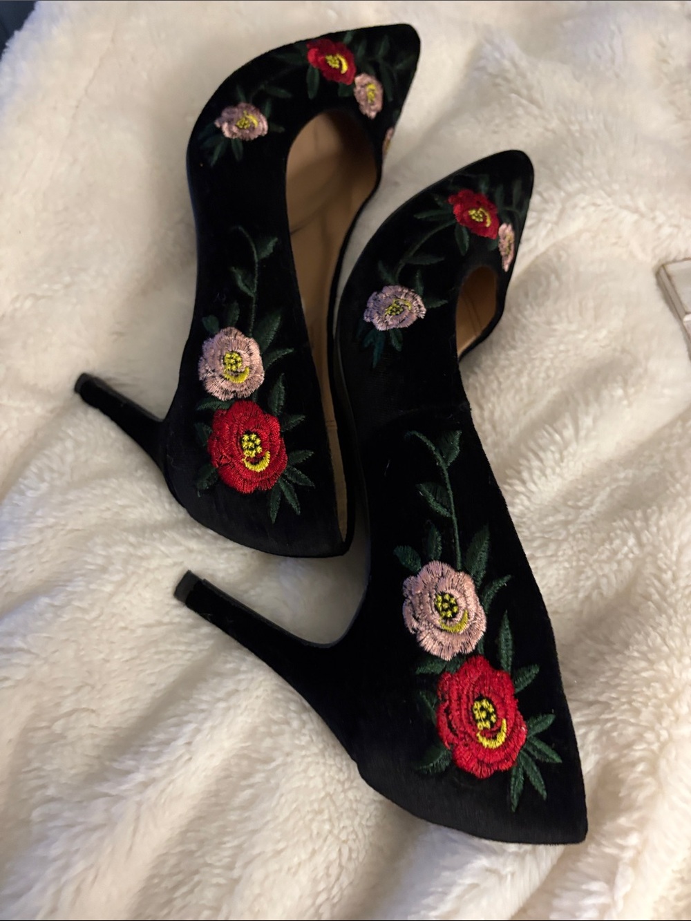 a new day Black Velvet Pointed-Toe Heels with Red and Pink Floral Embroidery